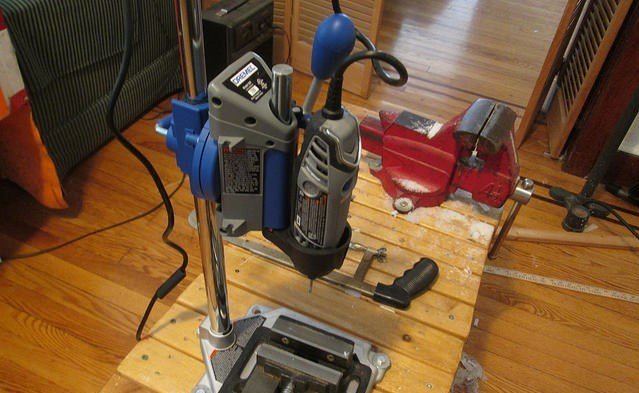Image of Dremel 3000 mounted in Drill Press Workstation (optional Attachment)