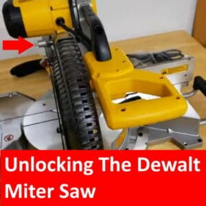 featured image with title text and red arrow showing how to unlock miter saw