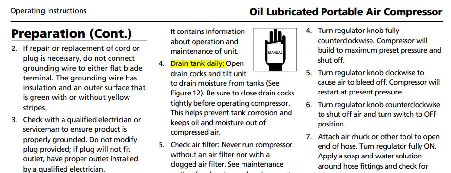 instructions to drain tank daily from Campbell Hausfeld Guide