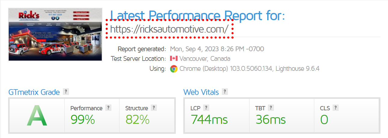 Image of a speed test For Rick's Automotive to Demonstrate a fast-loading website